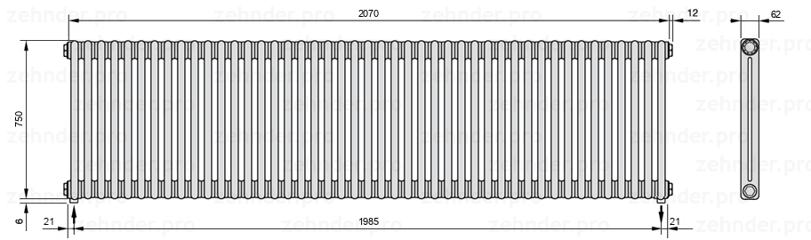 Схема (чертеж) Радиатор Zehnder Charleston 2075/45 №3570 Белый глянцевый RAL 9016